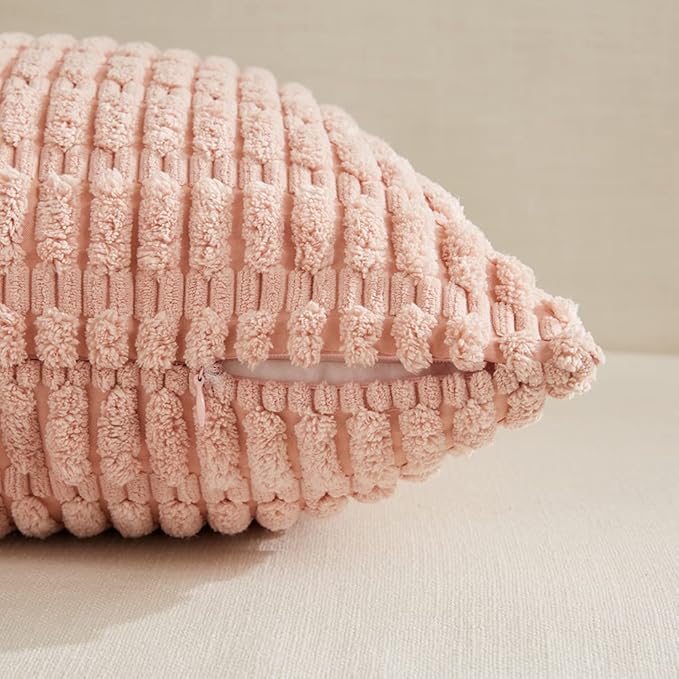 Fancy Homi 4 Packs Boho Blush Pink Big Decorative Throw Pillow Covers 24x24 Inch for Living Room Couch, Soft Plush Striped Corduroy Square Light Pink Coral Peach Cream Colorful Cushion Case 60x60 cm