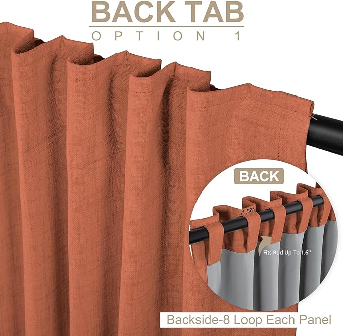 100% Blackout Shield Linen Blackout Curtains for Bedroom 102 Inches Long, Back Tab/Rod Pocket Living Room Drapes, Thermal Insulated Blackout Curtains 2 Panels Set, 50" W x 102" L, Burnt Orange