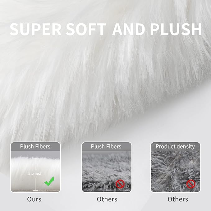 Faux Fur Rug, White Small Fluffy Rug for Sofa Chair Couch Cover 2x4 Feet, Ultra Soft Fuzzy Shag Rug for Bedroom, Indoor Shaggy Plush Floor Carpets Luxury Home Decor for Bedside