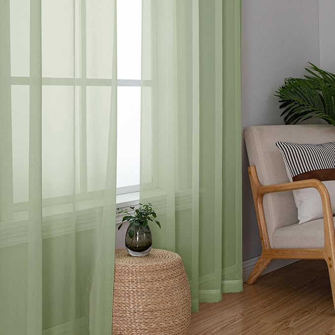 OWENIE Sheer Curtains 72 Inches Long 2 Panels Set, Light Filtering Sheer Curtain Rod Pocket Clear Drapes for Living Room Bedroom Window Sliding Door, Each 42 x 72 Inch, Light Green