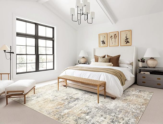 UERMEI 5x8 Area Rug Living Room Rugs - Washable Neutral Modern Abstract Soft Thin Large Rug Indoor Floor No Slip Rug Carpet for Bedroom Under Dining Table Home Office Decor - Golden Grey