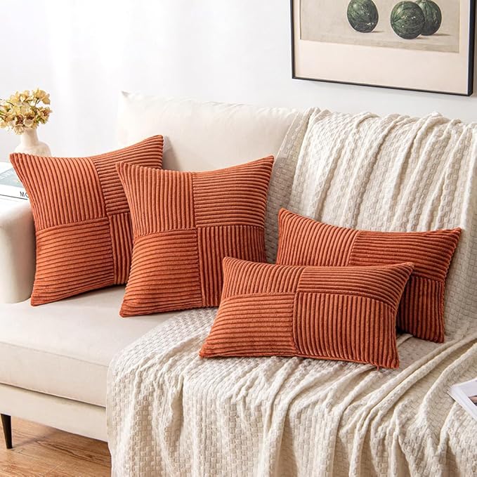 MIULEE Rust Decorative Throw Pillow Covers 18x18 Inch for Couch Bed Sofa Pack of 2 Boho Farmhouse Throw Pillows Soft Cross Corduroy Patchwork Textured Cushion Cases