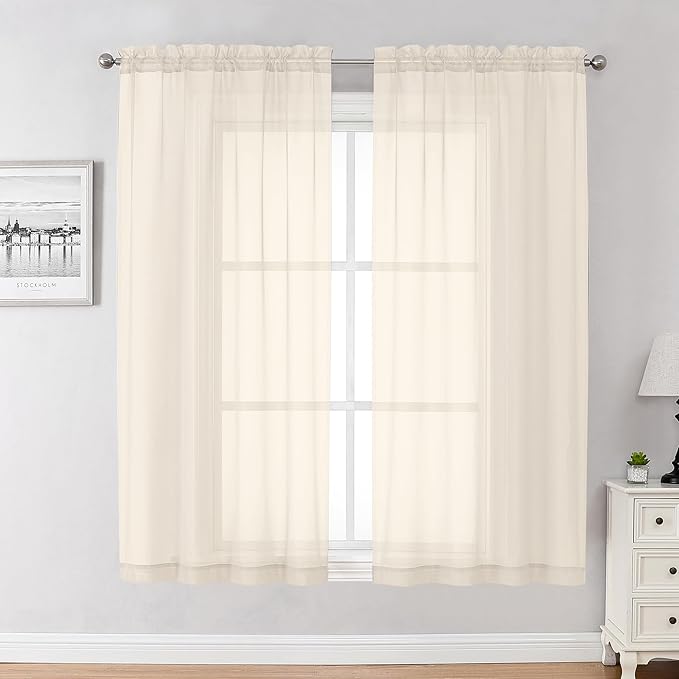 Chyhomenyc Cream Sheer Curtains 45 Inch Long 2 Panels, Short Voile Sheer Drapes for Dinning Small Windows Bathroom Living Room Bedroom, Rod Pocket, 42Wx45L Inches