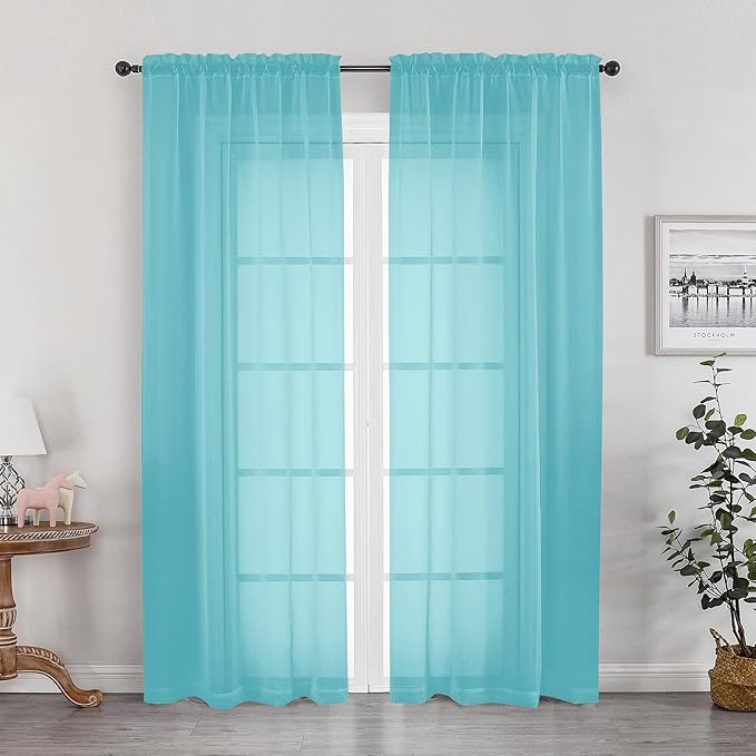 OWENIE Sheer Aqua Curtains for Bedroom Living Room 78 Inches Long 2 Panels Set, Soft Solid Light Filtering Sheer Curtain Rod Pocket Clear Drapes for Window Sliding Door, Aqua, Each 42 x 78 Inch