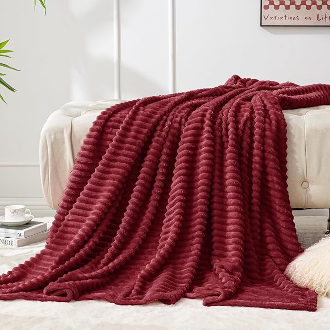 BEDELITE Fleece Blanket Twin Size – 3D Ribbed Jacquard Soft and Warm Decorative Fuzzy Blankets – Cozy, Fluffy, Plush Lightweight Throw Blankets for Couch, Bed, Sofa(Burgundy, 60x80 inches)