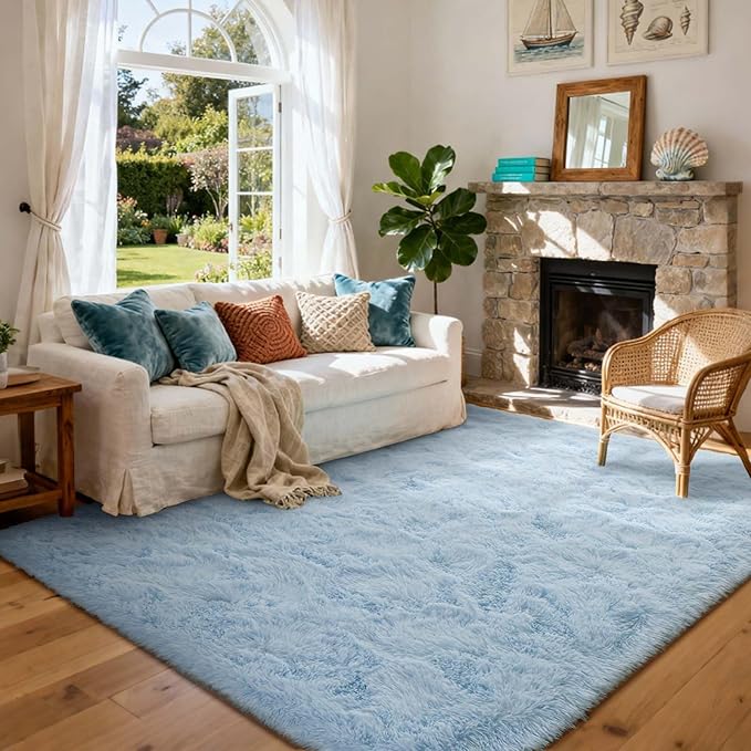 9x12 Ft Extra Large Shag Rugs for Living Room, Ultra Soft Fluffy Furry Area Rugs for Bedroom Indoor Floor, Aesthetic Carpet for Kids Home Decor (Light Blue)