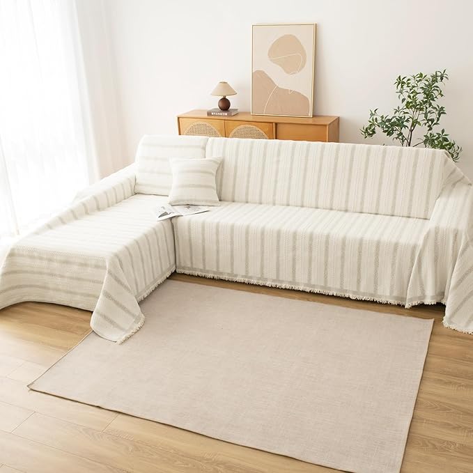 Couch Cover for Dogs, Boho Sofa Covers for 3 Cushion Couch, Chenille Sofa Slipcover for Pets Washable, L-Shape Sectional Loveseat Cover Soft Throw Blankets with Tassels(91x150,Striped Beige)