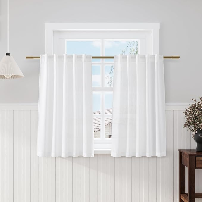 White Cafe Curtains 45 Inch Length Set 2 Panel Back Tab Pocket Semi Sheer Short Linen Narrow Mini Curtain Tiers for Small Bathroom Window Basement Kitchen Doors 38x45
