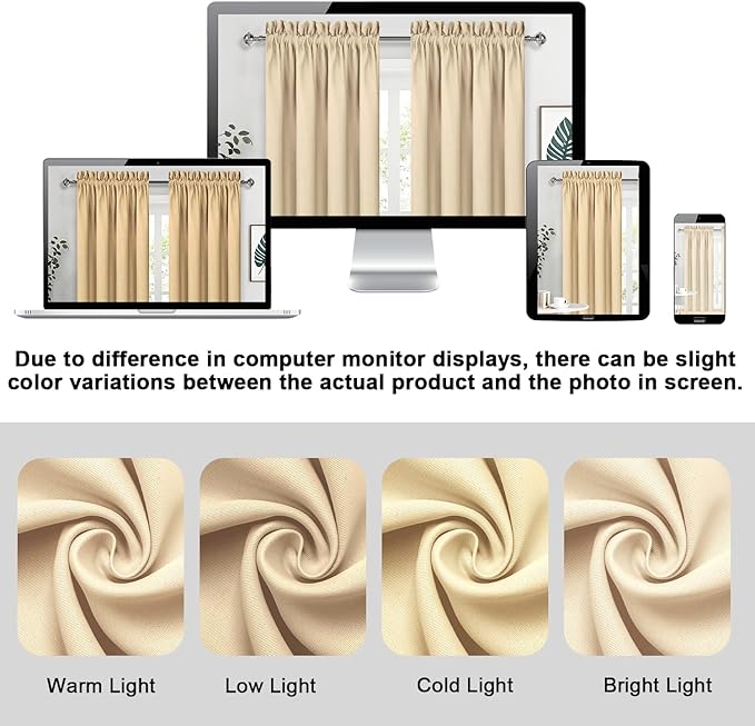 DWCN Beige Short Room Darkening Curtains for Kitchen/Bedroom, 42 x 36 inches Long - Energy Saving Window Drapes for Nursery with Rod Pocket, Set of 2 Panels