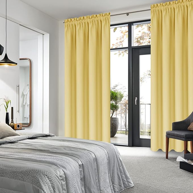 DWCN Blackout Curtains for Bedroom – Rod Pocket Thermal Insulated Noise Reducing Noise Reducing Drapes for Living Room, W 42 x L 45 Inch, 2 Panels, Light Yellow