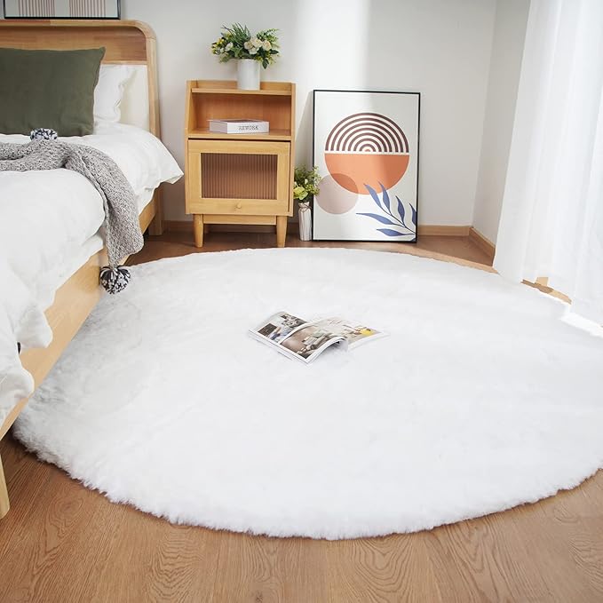 Ghouse Faux Rabbit Fur Round Rug 5 Ft White Round Rugs for Bedroom Decor Fluffy Area Rugs for Living Room, no-Shedding Carpet Sheepskin Washable Rug Rome Decor