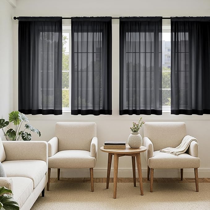 MIULEE Black Sheer Curtains 63 Inches Long, 4 Panels Set, Light Filtering Halloween Rod Pocket Voile Drapes for Living Room and Bedroom, Airy Soft Fabric Window Treatments, 54 x 63 Inches