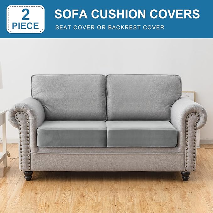 Couch Cover Stretch Velvet Sofa Cushion Cover 2-Piece - Elastic Washable Slipcover for Seat or Backrest, Couch Seat Covers for Sofas (Light Grey)
