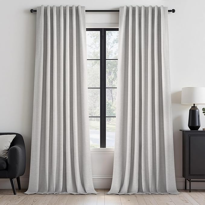 Topfinel 95 Inches Length Custom Blackout Linen Curtains Back Tab Pinch Pleated Noise Cancelling Curtains with Pin Hooks for Traverse Burlap Viral Drapes 2 Panels for Living Room Bedroom Grey