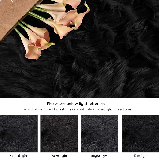 ORINOVA Washable Area Rugs 9x12 Living Room Large Black Faux Sheepskin Shaggy Fur Rug for Nursery Fluffy Rug for Bedroom Rectangle