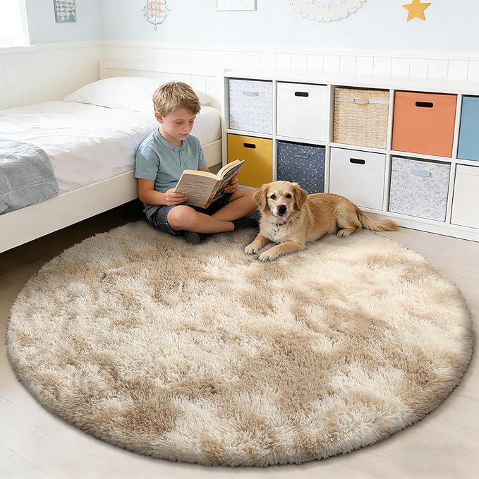 Fluffy Round Rug,Soft Area Rugs for Girls Room,Shaggy Rugs 6'X6' for Living Room,Non Slip Circle Rug for Kids Bedroom,Shag Plush Nursery Carpets,Fuzzy Rug for Dorm,Room Decor Carpet,Tie-Dyed Beige