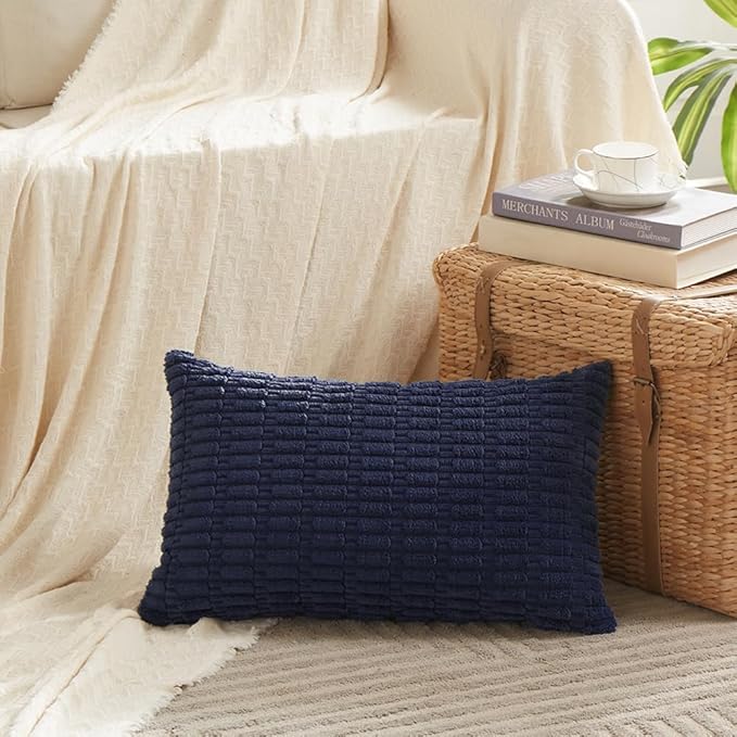 Fancy Homi 4 Packs Navy Blue Decorative Throw Pillow Covers 16x24 Inch for Living Room Couch Bed Sofa, Rustic Modern Farmhouse Boho Home Decor, Soft Plush Corduroy Cute Square Cushion Case 40x60 cm