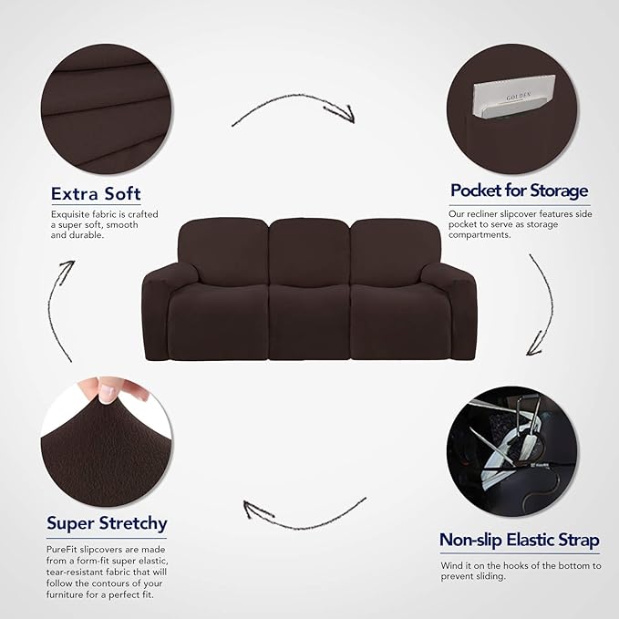PureFit Super Stretch 3 Seats Recliner Chair Sofa Couch Cover with Pocket – Non Slip Soft Sofa Slipcover, Washable Spandex Reclining Furniture Protector for Kids, Pets (Recliner Sofa, Chocolate)