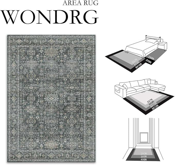 9x12 Washable Area Rug for Living Room Bedroom Vintage Black Grey Non Slip Carpet Traditional Retro Soft Low Pile Large Throw Rug for Dining Room Kitchen Office Indoor