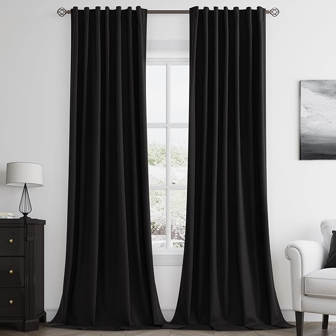 Guken Black 100% Blackout Curtains 108 Inch Length 2 Panels Set for Living Room Bedroom Back Tab Thermal Insulated Black Out Linen Drapes Room Darkening Window Curtains 52x108