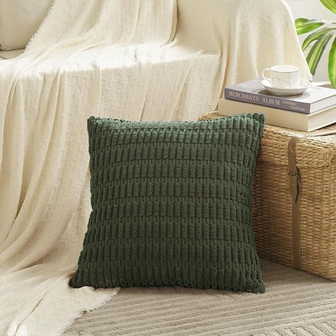 Fancy Homi 4 Packs Boho Olive Green Decorative Throw Pillow Covers 18x18 Inch for Couch Bed Sofa, Rustic Modern Farmhouse Home Decor, Soft Plush Corduroy Cute Square Cushion Case 45x45 cm