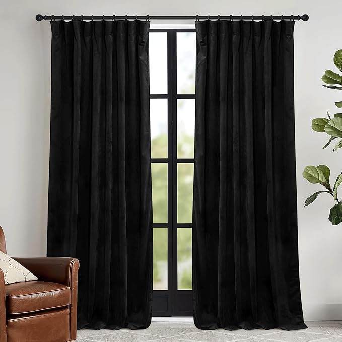 RYB HOME Black Velvet Curtains 96 inch, Blackout Window Curtains with Pleat Tape on Top for Bedroom Thermal Insulated Privacy Drapes for Nursey, W52 x L96 inch, 2 Panels