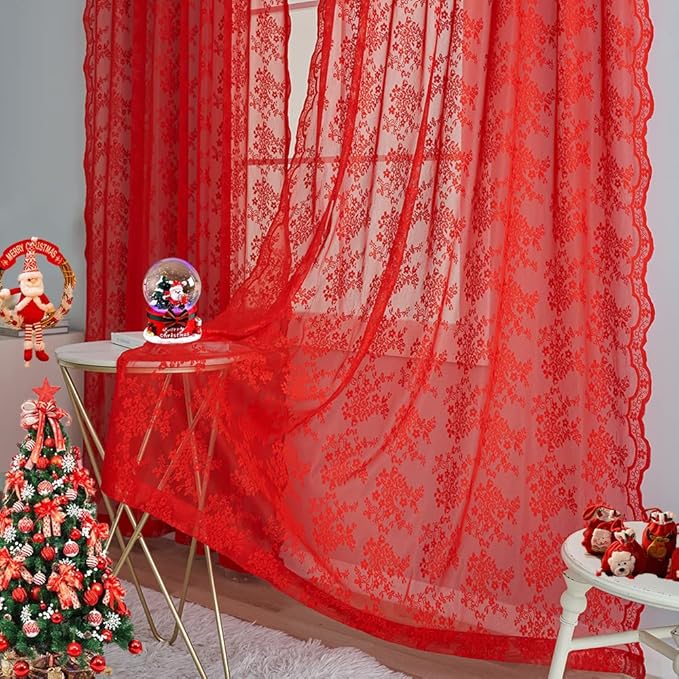 YJ YANJUN Vintage Lace Curtains 96 Inches Long-Victorian Floral Pattern Red Sheer Curtain Panels for Living Room Bedroom,Light Filtering, Xmas Gift for Holiday Decor 2 Panels 52W x 96L