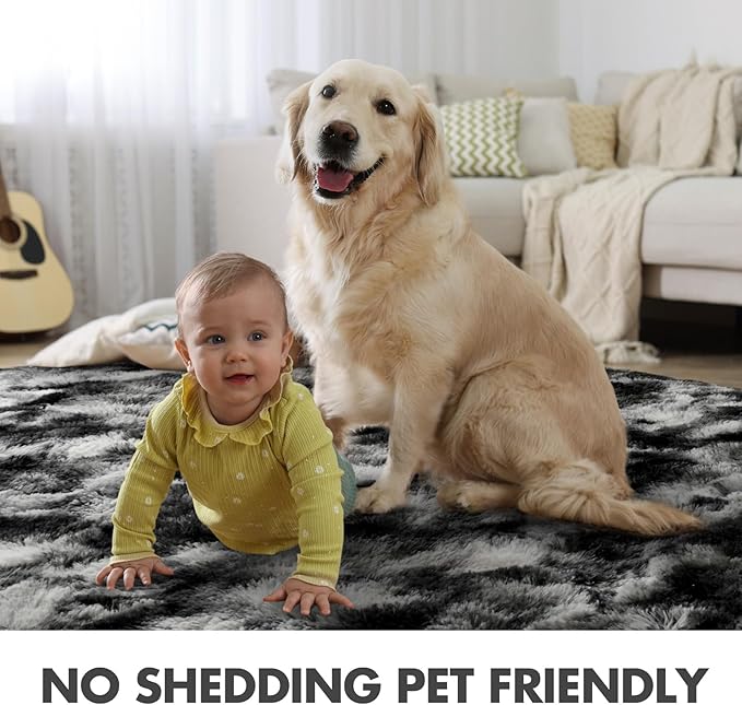6x9 Ft Large Shag Rugs for Living Room Decor, Tie-Dyed Ultra Soft Fluffy Furry Area Rugs for Bedroom Indoor Floor, Aesthetic Carpet for Kids Home (Black Grey)