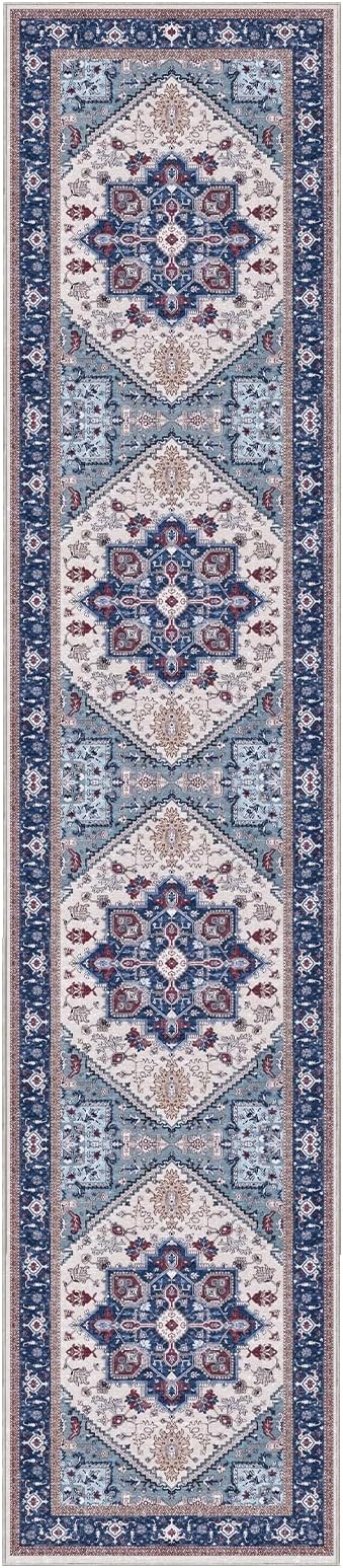 OPPODREAM Soft Entryway Rug 2x10, 2x10 Rug Runner, Washable Hallways Carpet 2 x 10 with Non Slip Backing, Low-Pile Bedside Carpet 2 x 10, Long, Faux Cashmere, Navy Blue & Red & Cream