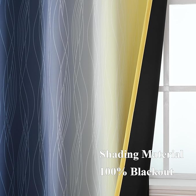 Estelar Textiler Navy Blue and Yellow Ombre Blackout Curtains 102 Inches Long for Bedroom, Thermal Insulated Full Room Darkening Grommet Gradient Drapes for Living Room, 52Wx102L, 2 Panels
