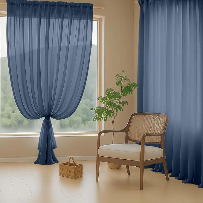 Navy Blue Sheer Curtains 63 Inch Length 2 Panels, Voile Sheer Curtain for Living Room, Breathable Light Filtering Modern Window Treatments, Soft Fabric Dual Rod Pocket Drapes, 2x42Wx63L Inches
