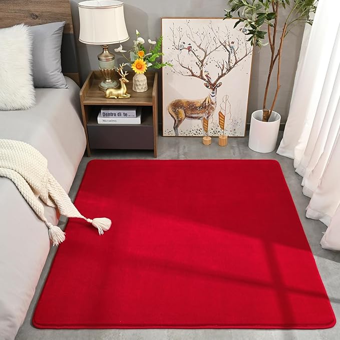 Amearea 4x4 Square Area Rugs for Bedroom Living Room, Modern Red Thickened Memory Foam Rug, Fluffy Indoor Washable Rug Non Slip Minimalist Carpet for Entryway Kids Boys Girls Dorm Nursery Room Decor