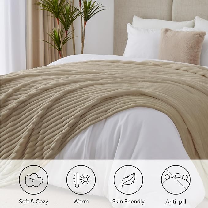 BEDELITE King Size Blanket for Bed, 300GSM Soft & Warm Fleece Blanket, Decorative and Giftable Striped Linen Blankets for Women, Men, 108"x90"