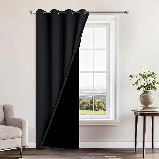 Yakamok 84 Inch Length 100% Blackout Curtains for Bedroom, 2 Thick Layers Thermal Insulated Grommet Total Blackout Drapes with Black Liner for Living Room (52Wx84L,Black, 1 Panel)