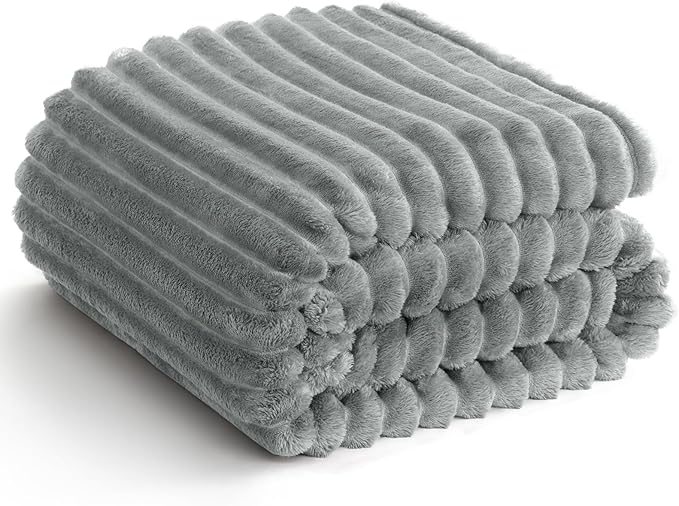 HIMEET Grey Ribbed Twin Blanket for Bed - 300GSM Lightweight Soft Fleece Blanket for Men Women, Cozy Blankets Graduation Birthday Gifts, Striped Spring Home School Dorm Decor, Grey, 60x80 Inches