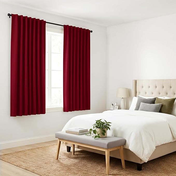 PONY DANCE Blackout Curtain Panels - Red Drapes Christmas Home Decoration Modern Elegant Back Tab Rod Pocket Curtains Room Darkening Energy Saving for Bedroom, 42 x 45 inch, Red, One Pair