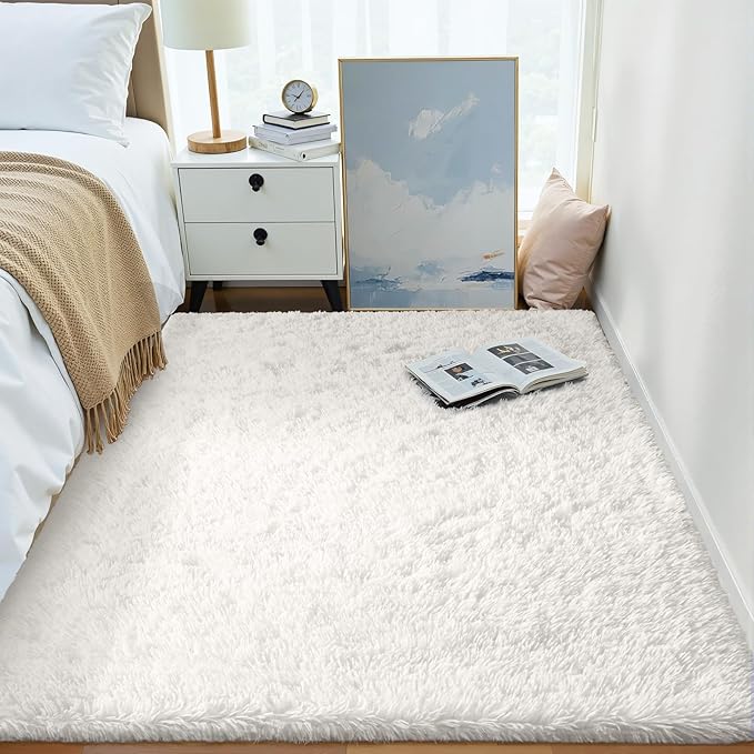 OLANLY Area Rugs for Living Room Bedroom, Machine Washable 4x5.9 ft Soft Fluffy Shaggy Bedside Rug, Indoor Floor Carpet for Kids Girls and Boys, Dorms, Nursery Rooms, Home Decor Aesthetic, Ivory