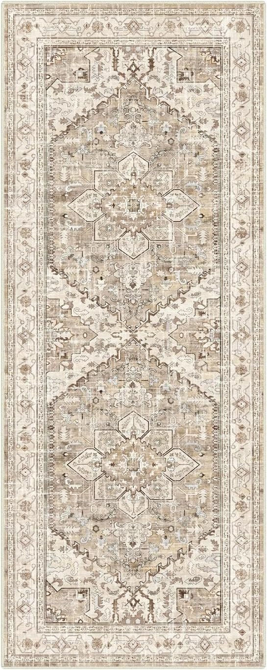 Yamaziot Washable Runner Rug, 2x5 Non-Slip Boho Vintage Hallway Rug Runner with Rubber Backing, Stain Resistant Faux Wool Distressed Carpet Runner for Kitchen, Laundry, Entrance, Beige Brown