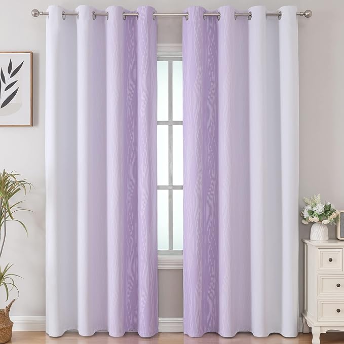 Estelar Textiler Lilac and Greyish White Ombre Blackout Curtains 102 Inches Long 2 Panels Set, Thermal Insulated Drapes for Bedroom,Full Light Blocking Grommet Curtains for Living Room,52Wx102L