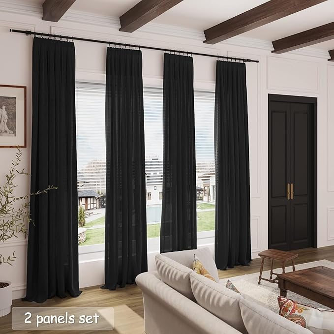 Nanspring Black Semi Sheer Linen Curtains 72 inch Length for Living Room Back Tab Rod Pocket Modern Farmhouse Coastal Decor Cotton Textured Gauze Curtains for Dining Room Office 52x72