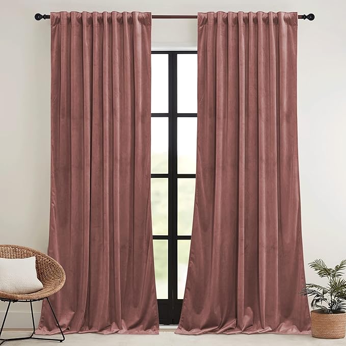 RYB HOME Pink Velvet Curtains 102 inches with Hook Belt, Soft Fabric Room Darkening Thermal Insulated Luxurious Home Decor Curtains for Living Room Bedroom, W 52" x L 102", 2 Panels Set