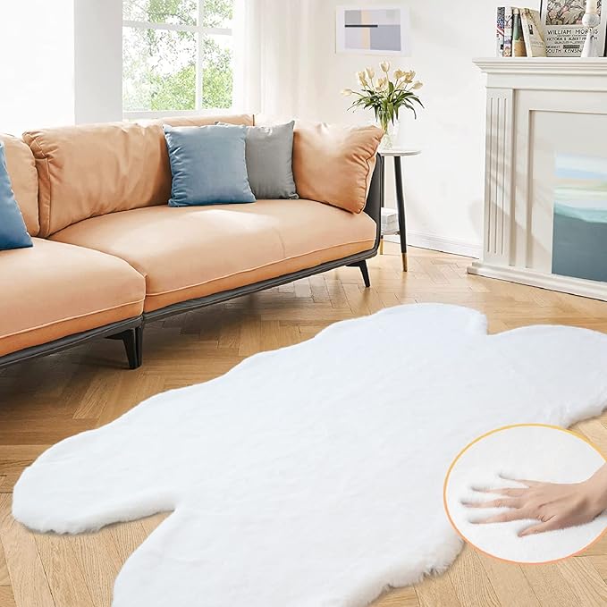 ORINOVA White Faux Rabbit Shaggy Fur Rug 4x6 Area Rugs for Living Room Washable Rugs Teen Room Bedroom Home Décor
