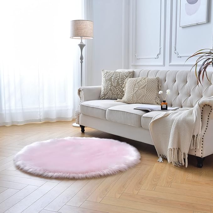 duduta Pink Faux Sheepskin Round Rug 4x4 ft, Fluffy Shag Fur Bedroom Nursery Girls Playroom Rug Dorm Decor Non Slip Washable