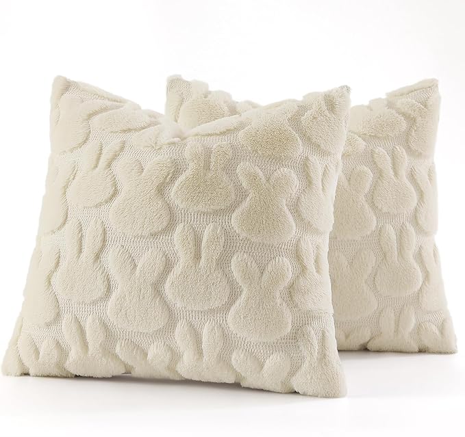 decorUhome Easter Bunny Pillow Covers 20x20 Inch Set of 2, Soft Plush Faux Wool Jacquard Beige Rabbit Cushion Covers, Farmhouse Neutral Spring Easter Holiday Decor for Couch Sofa Bed