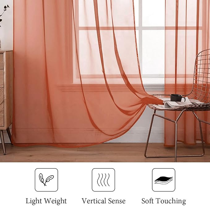MIULEE 2 Panels Solid Color Sheer Window Curtains Elegant Window Voile Fall Panels/Drapes/Treatment for Bedroom Living Room (54X108 Inches Burnt Orange)