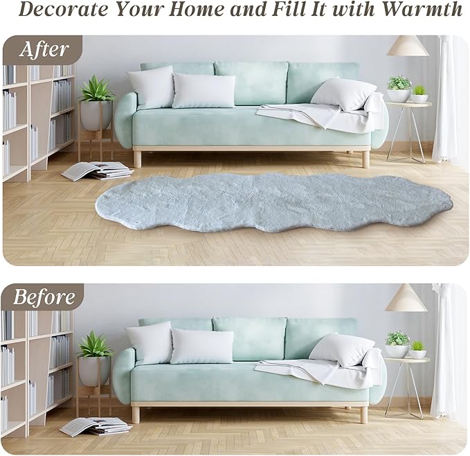 ThreadGlobe Fluffy Faux Rabbit Fur Rug Runner 2'x6', Ultra Soft & Non-Slip Rugs for Bedroom, Living Room, Nursery, No Shedding Machine Washable Rug, Grey, 2x6 Ft