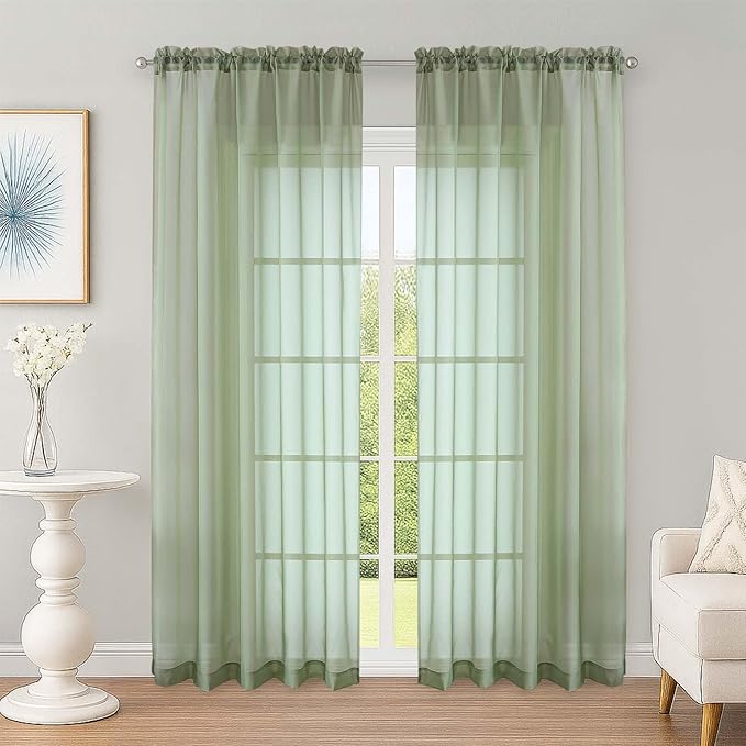 OWENIE Sage Green Sheer Curtains 72 Inches Long 2 Panels Set, Transparent Voile Sheer Curtain for Living Room Bedroom Window Sliding Glass Door Treatment, 59 x 72 Inch, Sage Green