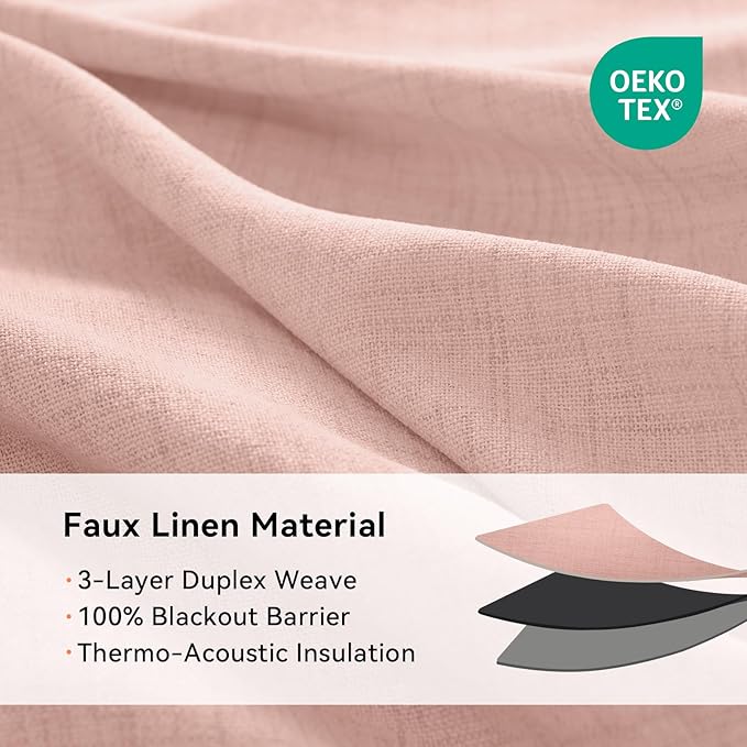100% Blackout Shield Linen Blackout Curtains for Bedroom, Blush Pink Grommet Curtains for Living Room, Thermal Insulated Room Darkening Drapes for Nursery, Boho Home Decor, 50" W x 108" L, 2 Panels