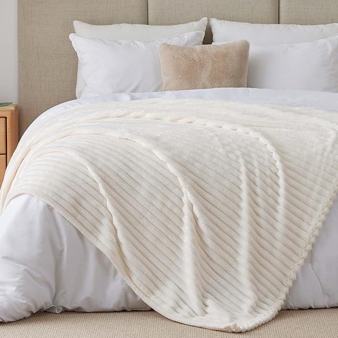 BEDELITE Full Size Blanket for Bed, 300GSM Soft & Warm Fleece Cream White Blanket, Decorative and Giftable Striped Blankets for Women, Men, 84"x90"