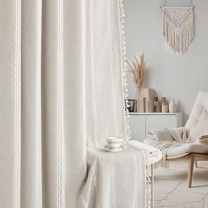 Boho 80% Blackout Curtains with Gray Liner 96 Inches Long 2 Panels Set, Beige Linen Blend Drapes with Tassels and Cotton Embroidered for Living Room Bedroom